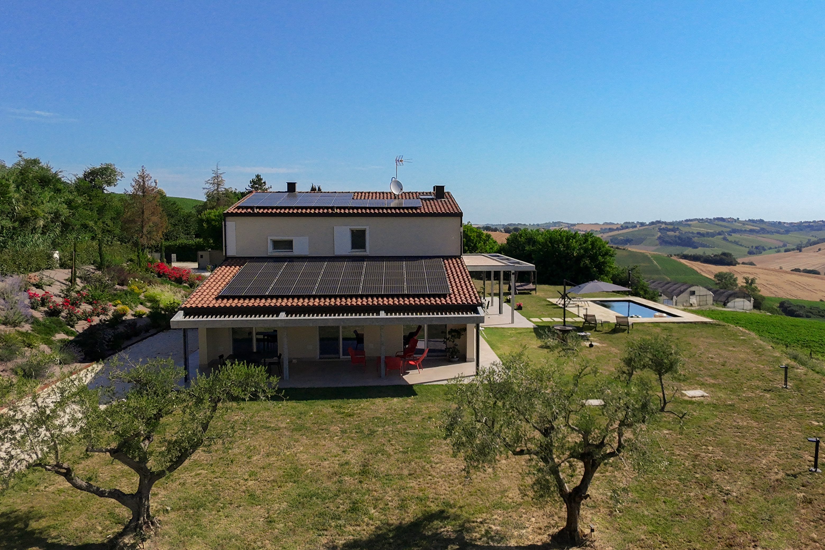 Casa Raggia seen from the portico in the Marche hills.